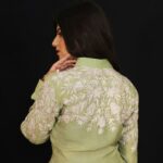 Olive Green Cotton Shirt with Faun Floral Thread Embroidery Back