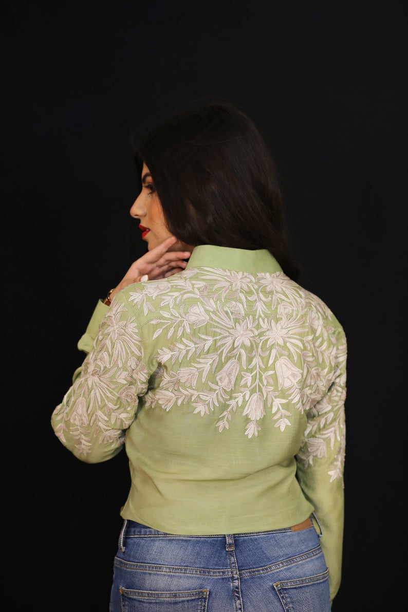 Olive Green Cotton Shirt with Faun Floral Thread Embroidery Back Olive Green Cotton Shirt with Faun Floral Thread Embroidery Back