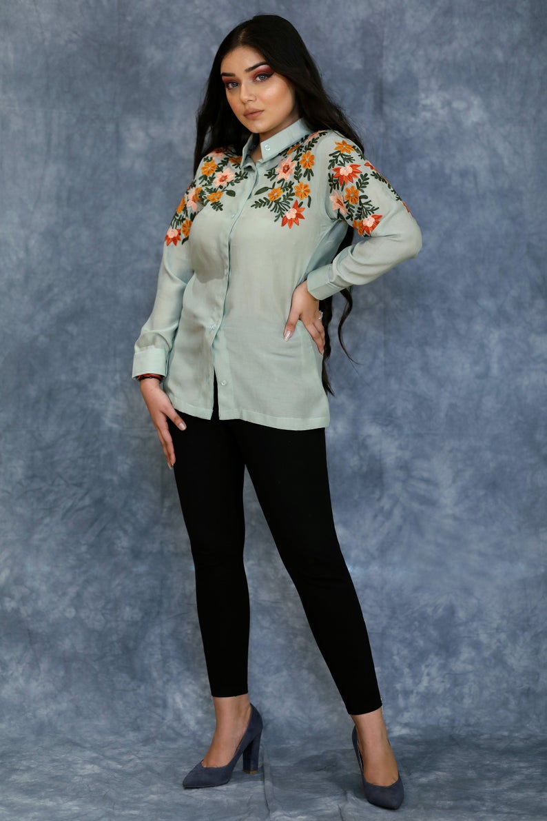 Moss Green Cotton Top with Multi Colour Thread Embroidery Moss Green Cotton Top with Multi Colour Thread Embroidery