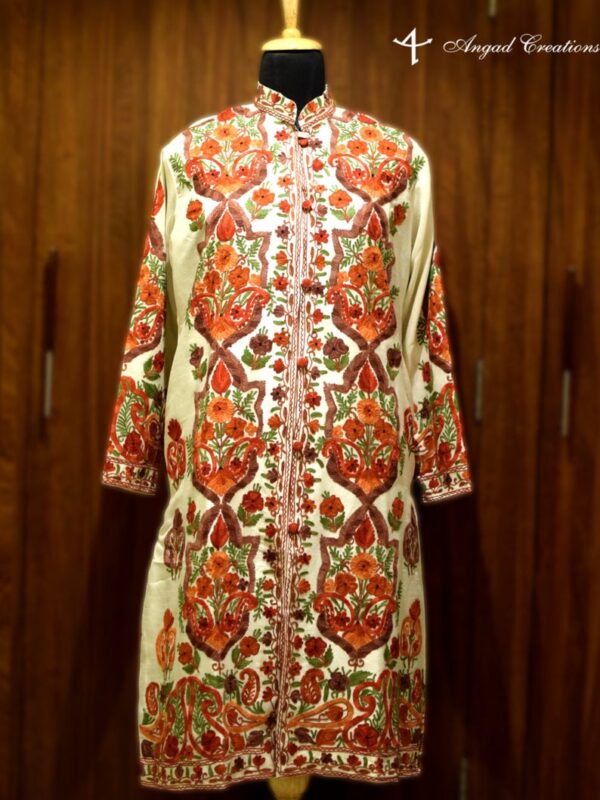 White Kashmiri Coat With Boteh Embroidery Front