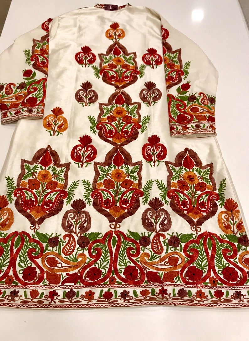 White Kashmiri Coat With Boteh Embroidery Back White Kashmiri Coat With Boteh Embroidery Back
