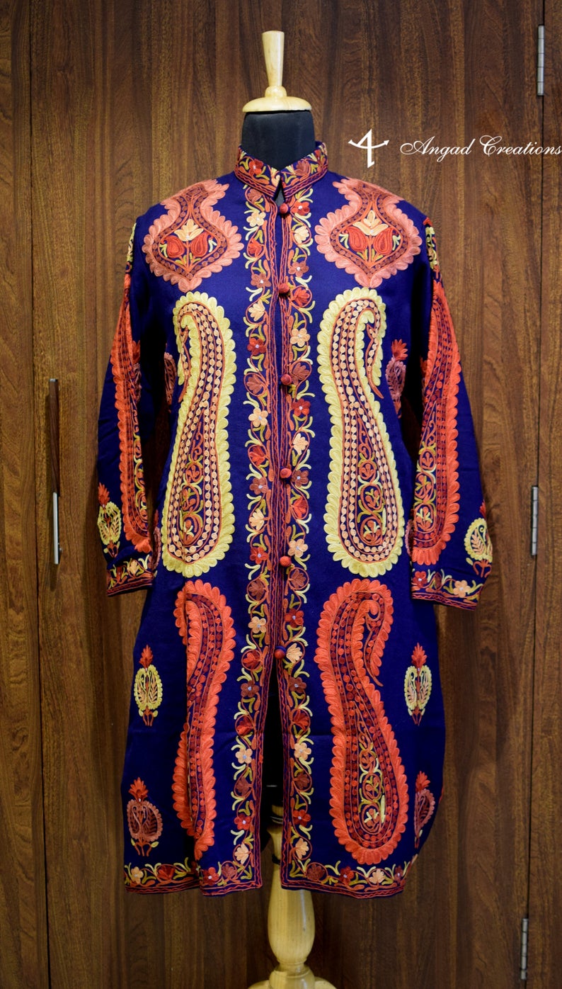 Purple Kashmiri Jacket With Long Paisley And Boteh Embroidery Front Purple Kashmiri Jacket With Long Paisley And Boteh Embroidery Front