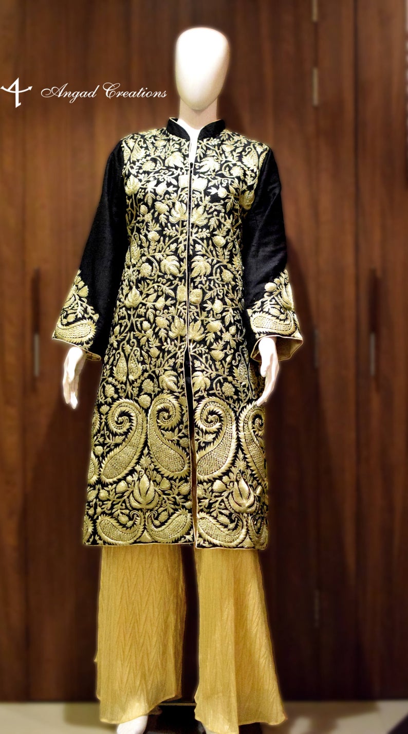 Black Kashmiri Jacket With Chinar Jaal Tilla Embroidery Front Black Kashmiri Jacket With Chinar Jaal Tilla Embroidery Front