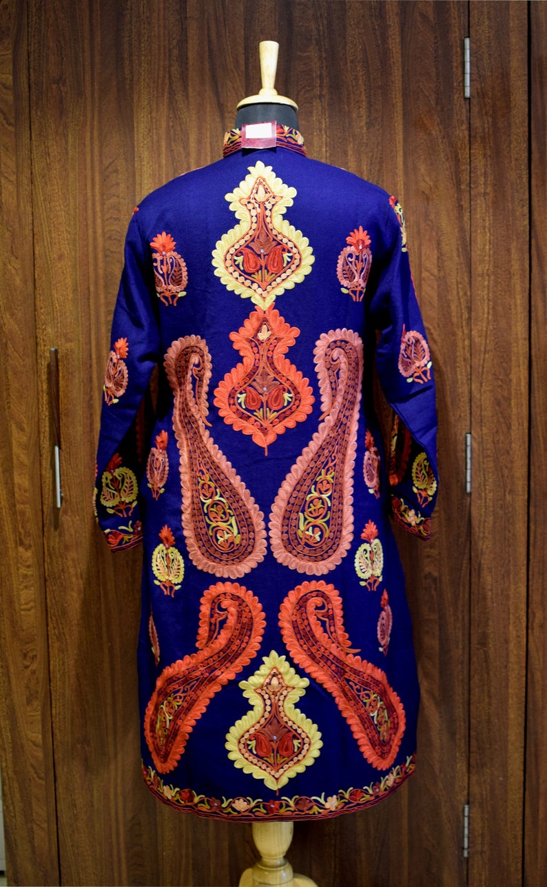 Purple Kashmiri Jacket With Long Paisley And Boteh Embroidery Back Purple Kashmiri Jacket With Long Paisley And Boteh Embroidery Back