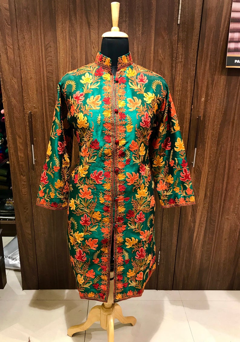 Green Kashmiri Jacket With Chinar Boteh Style Embroidery Front
