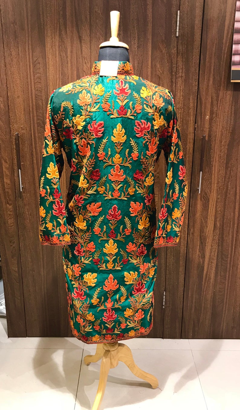 Green Kashmiri Jacket With Chinar Boteh Style Embroidery Back