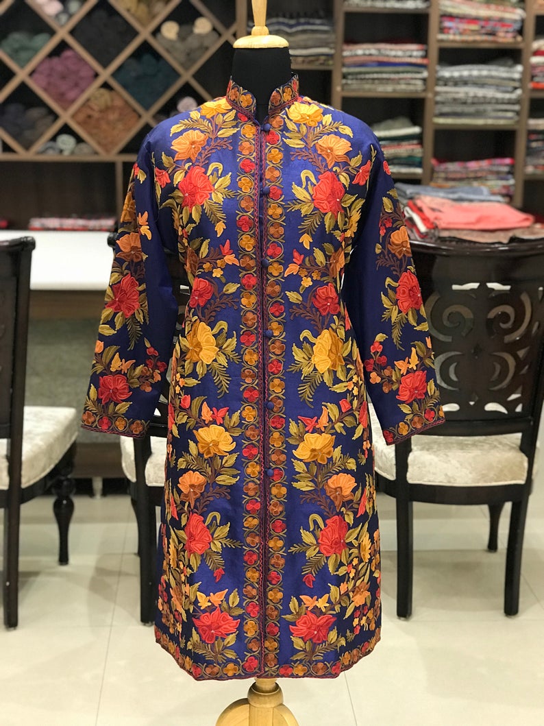 Blue Kashmiri Jacket With Floral Vine Embroidery Front
