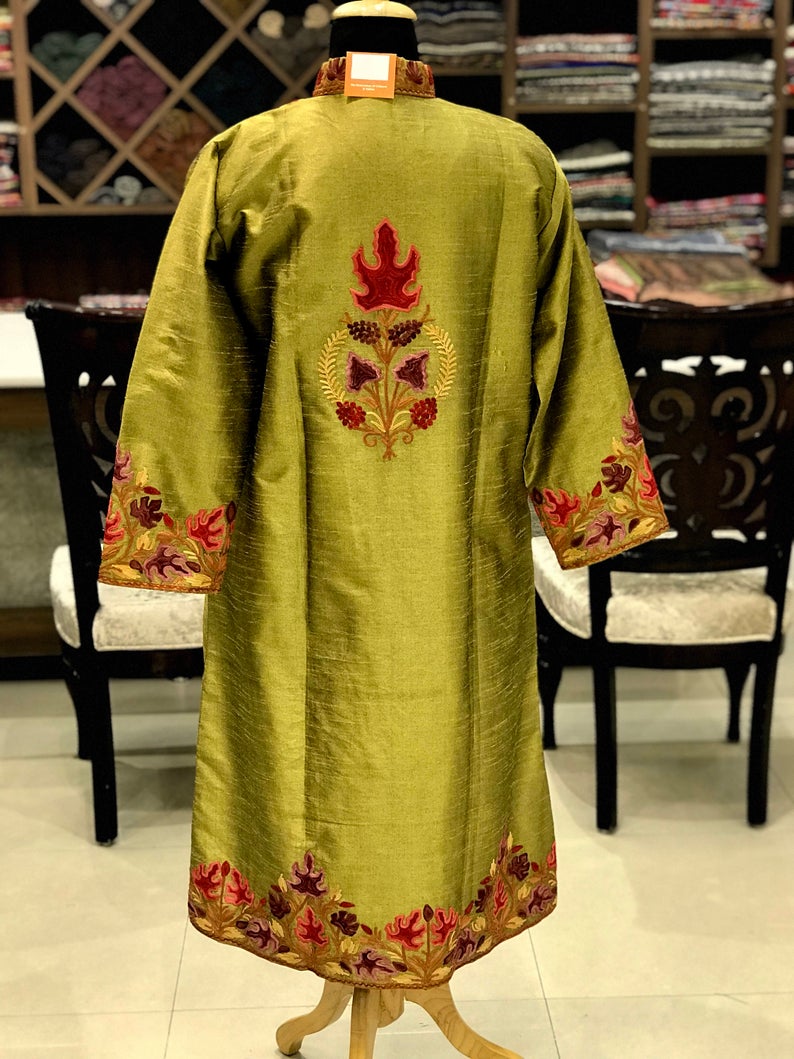 Olive Green Kashmiri Jacket With Chinar Embroidery Back