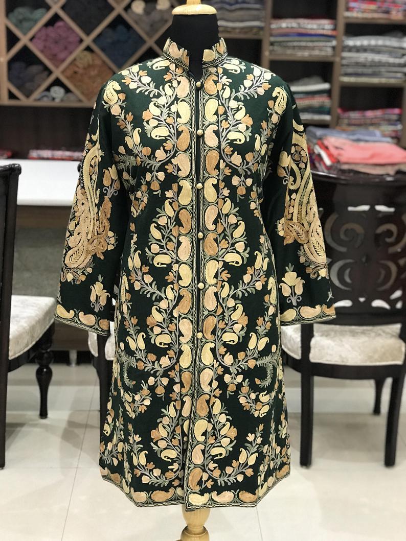 Green Kashmiri Paisley Vine Pattern Embroidery Front