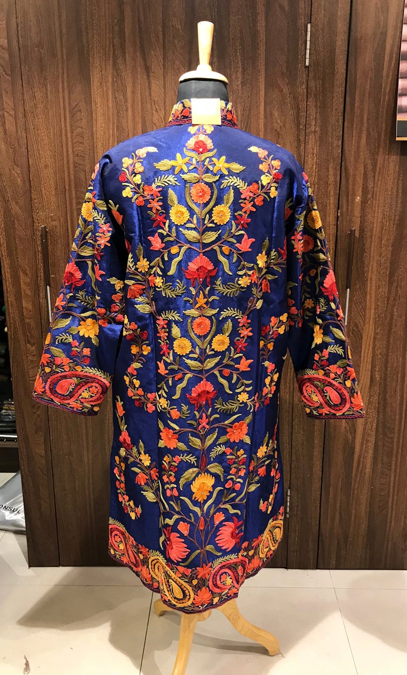 Blue Kashmiri Coat With Floral Vine Pattern Embroidery Back