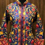Blue Kashmiri Coat With Floral Vine Pattern Embroidery Front
