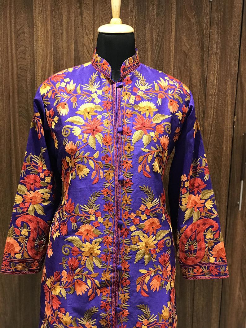 Purple Kashmiri With Floral Vine Pattern Embroidery Front Purple Kashmiri With Floral Vine Pattern Embroidery Front
