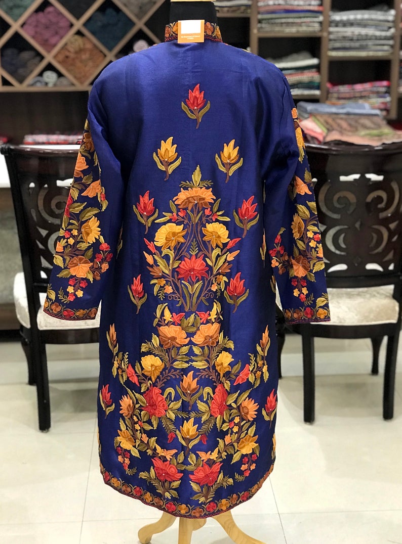 Blue Kashmiri Jacket With Floral Vine Embroidery Back