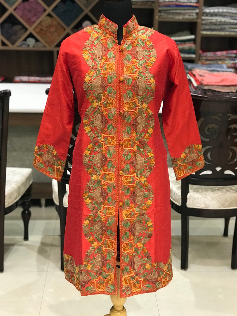 Red Kashmiri Jackets With Anarkali Style Kashmiri Aari Embroidery Front Red Kashmiri Jackets With Anarkali Style Kashmiri Aari Embroidery Front