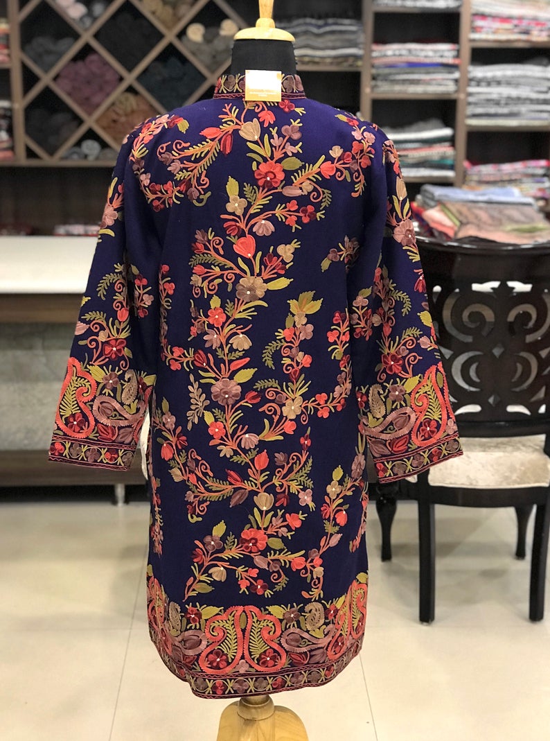 Navy Blue Kashmir With Floral Vine Pattern Embroidery Back