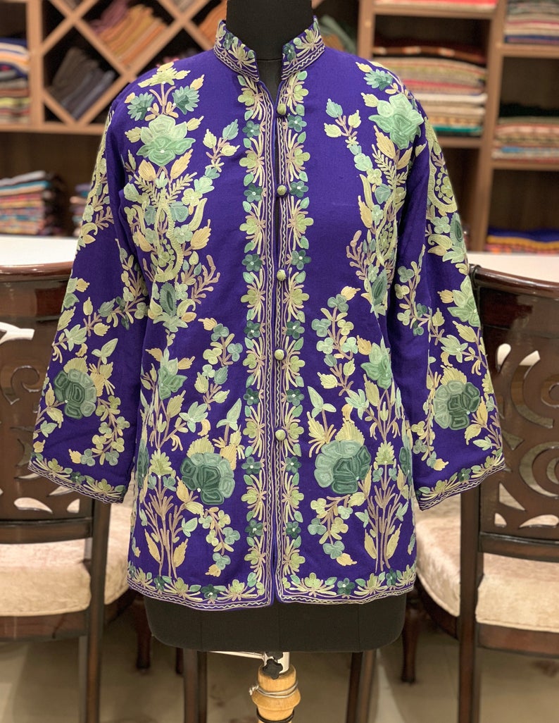 Purple Women Pure Wool Winter Coats with Embroidery Front