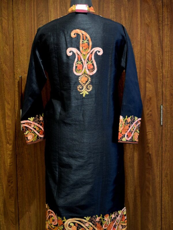 Black Kashmiri Long Coat with Anarkali Style Paisley Embroidery Back