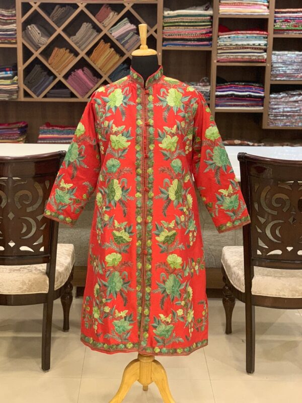 Red Kashmiri Jacket With Floral Pattern Embroidery Front