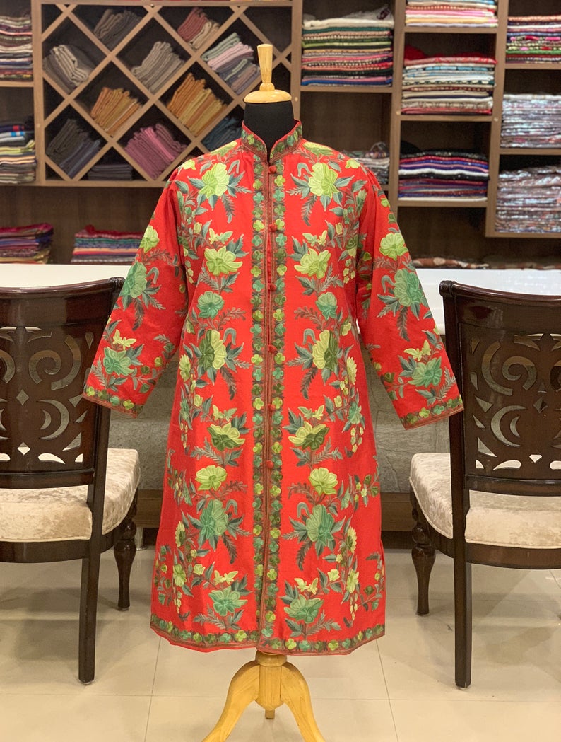 Red Kashmiri Jacket With Floral Pattern Embroidery Front