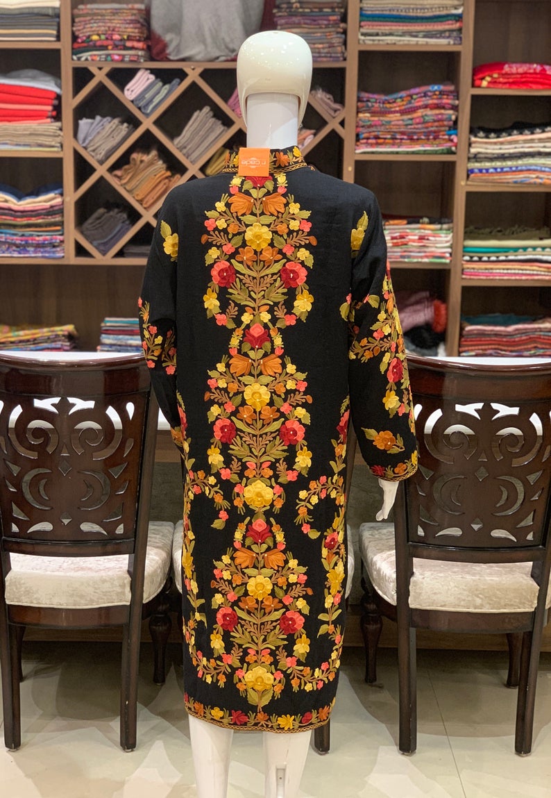 Black Kashmiri Coat With Floral Vine Jaal Embroidery Back Black Kashmiri Coat With Floral Vine Jaal Embroidery Back