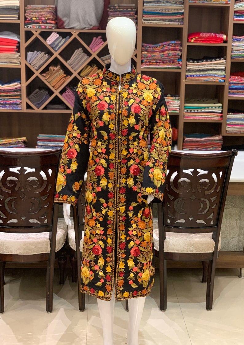 Black Kashmiri Coat With Floral Vine Jaal Embroidery Front Black Kashmiri Coat With Floral Vine Jaal Embroidery Front