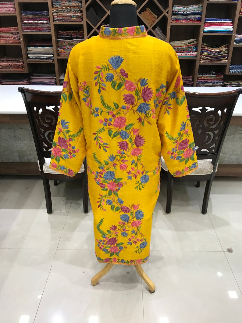 Yellow Kashmiri Coat With Floral Pattern Embroidery Back Yellow Kashmiri Coat With Floral Pattern Embroidery Back