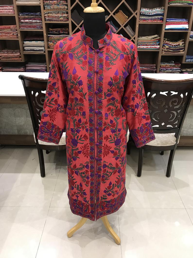 Red Kashmiri Coat With Floral Vine Pattern Embroidery Front Red Kashmiri Coat With Floral Vine Pattern Embroidery Front