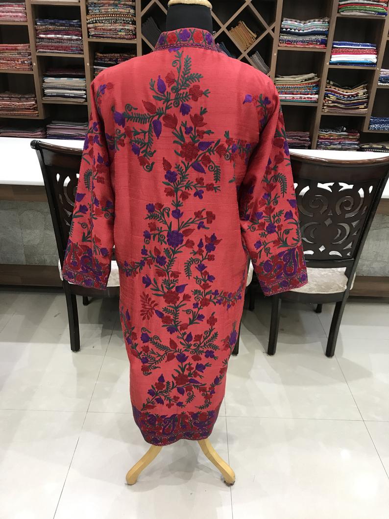 Sizzling Red Kashmiri Coat With Floral Vine Pattern Embroidery Back Sizzling Red Kashmiri Coat With Floral Vine Pattern Embroidery Back