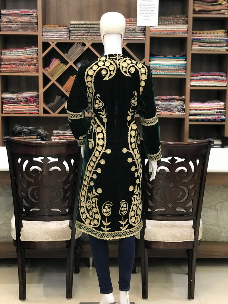 Green Velvet Kashmiri Dori & Tilla Embroidered Front Back