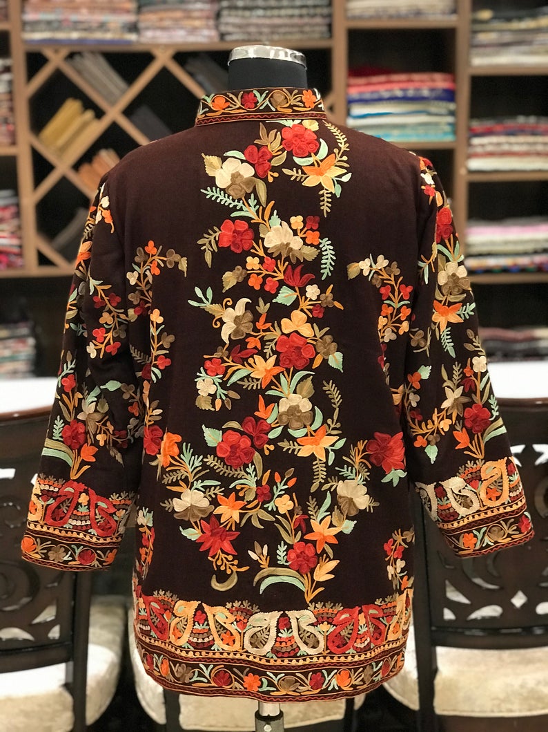 Brown Short Embroidered Kashmiri Jacket Back Brown Short Embroidered Kashmiri Jacket Back