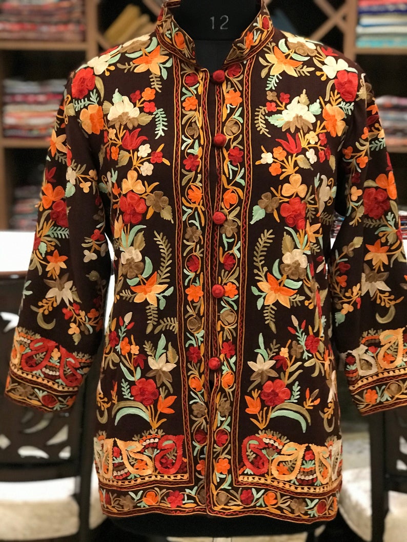 Brown Short Embroidered Kashmiri Jacket Front Brown Short Embroidered Kashmiri Jacket Front