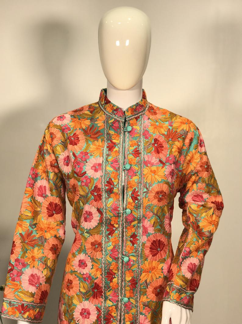 Green Kashmiri Jamawar Embroidered Coat Front