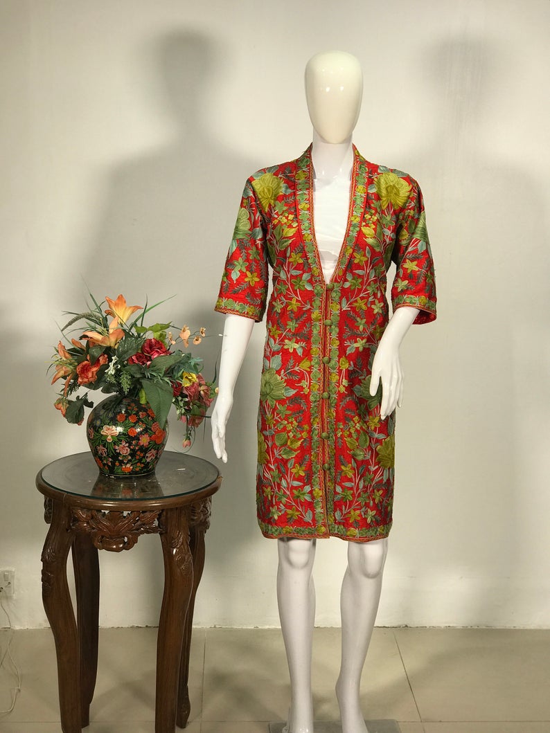 Red Shawl Collar Style Coat With Floral Jaal Embroidery Front