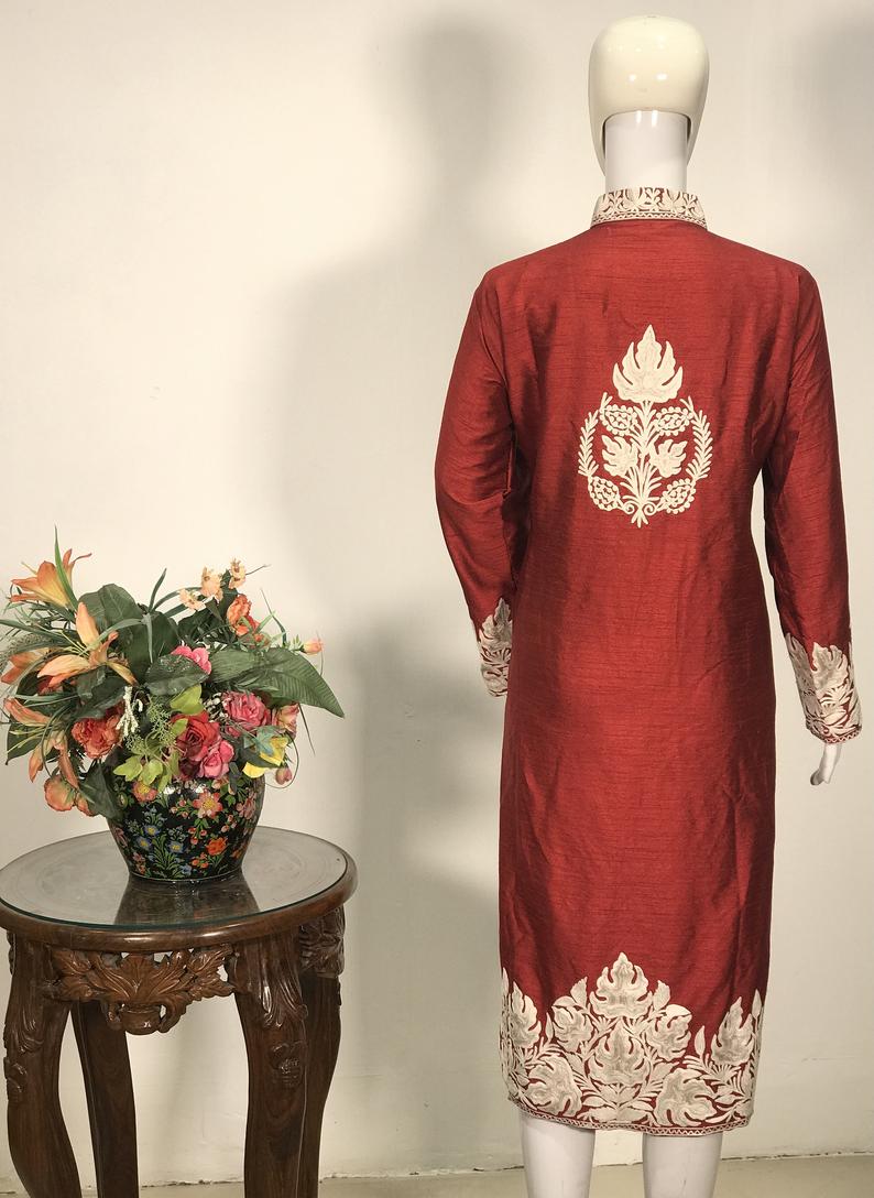 Red Long Overcoat with White Embroidery Back