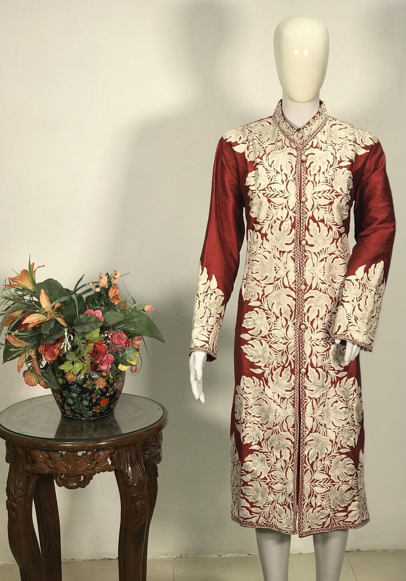 Red Long Overcoat with White Embroidery Front