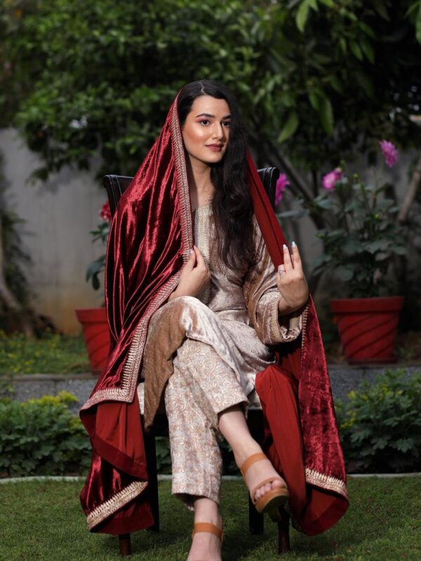 Fawn Gloss Velvet Royal Kashmiri Suit with Tilla Neck & Aari Embroidered Pant