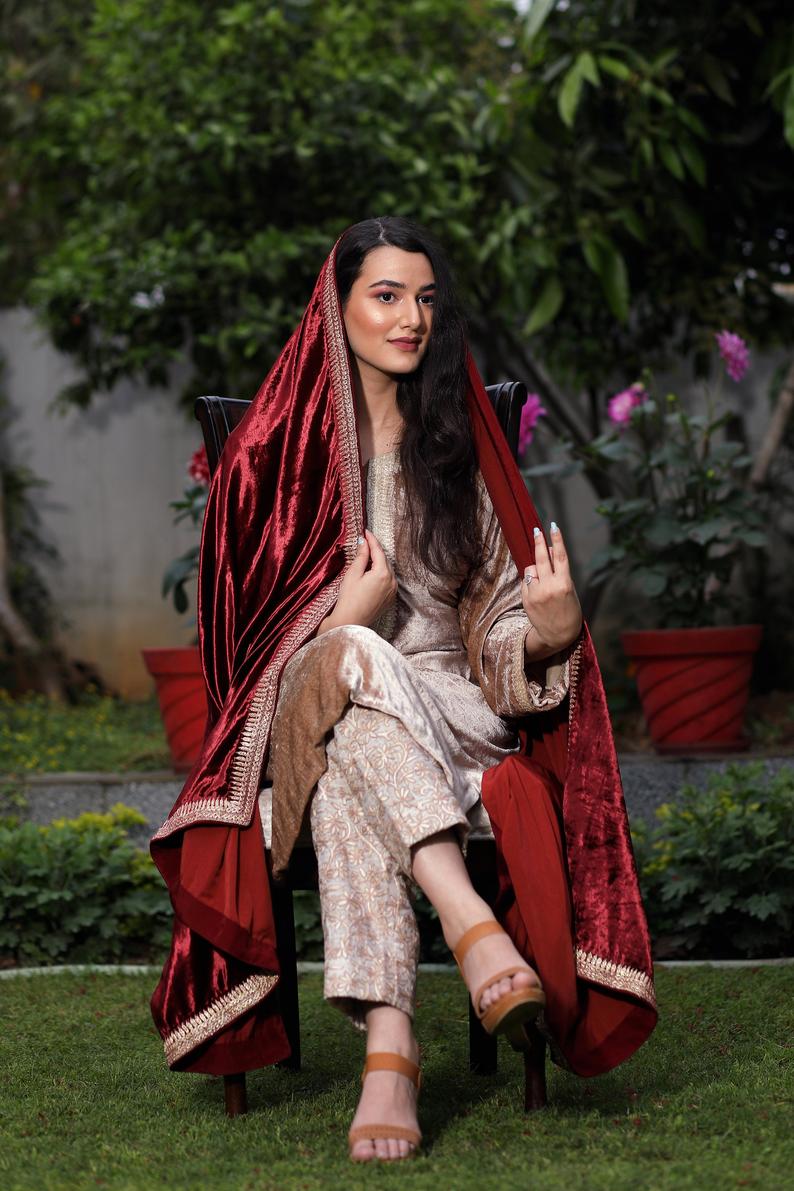 Fawn Gloss Velvet Royal Kashmiri Suit with Tilla Neck & Aari Embroidered Pant