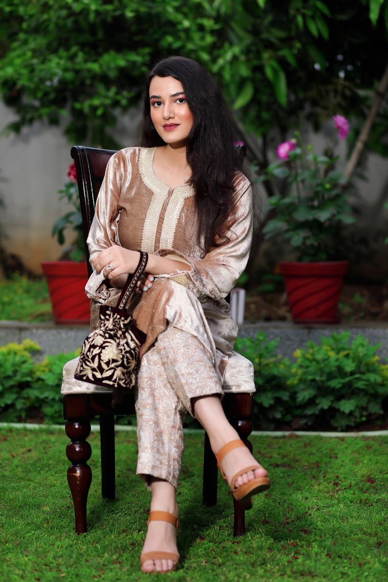 Fawn Gloss Velvet Royal Kashmiri Suit with Tilla Neck & Aari Embroidered Pant Front