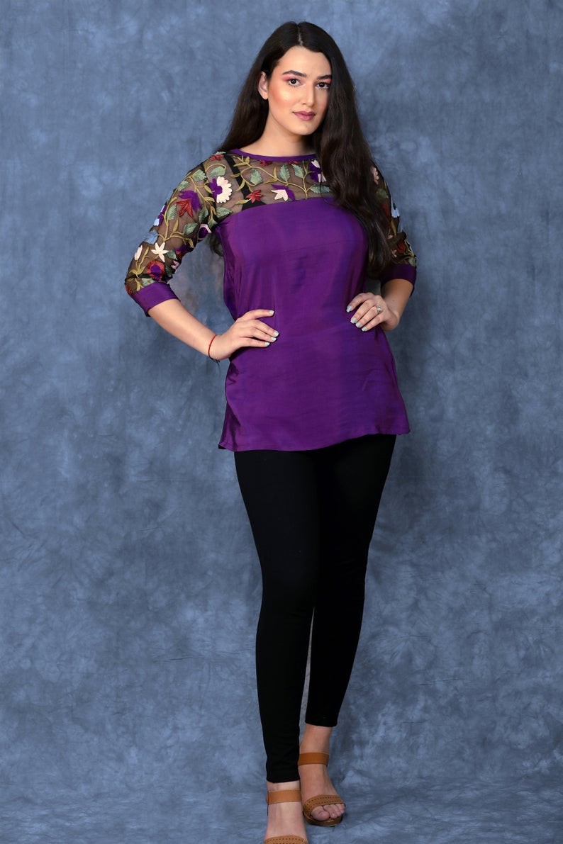 Purple Top with Thread Embroidered Shoulders & Sleeves Front Purple Top with Thread Embroidered Shoulders & Sleeves Front