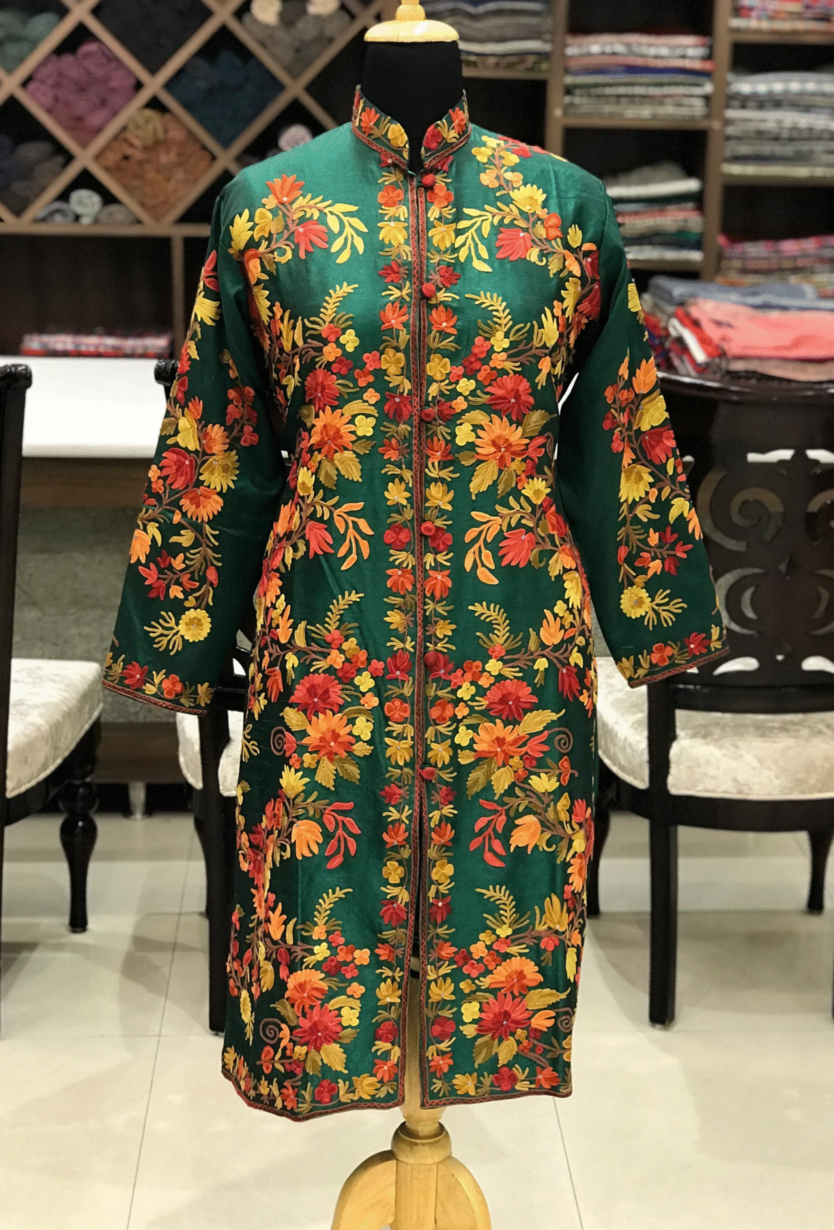 Bottle Green Kashmiri Coat With Floral Vine Pattern Embroidery