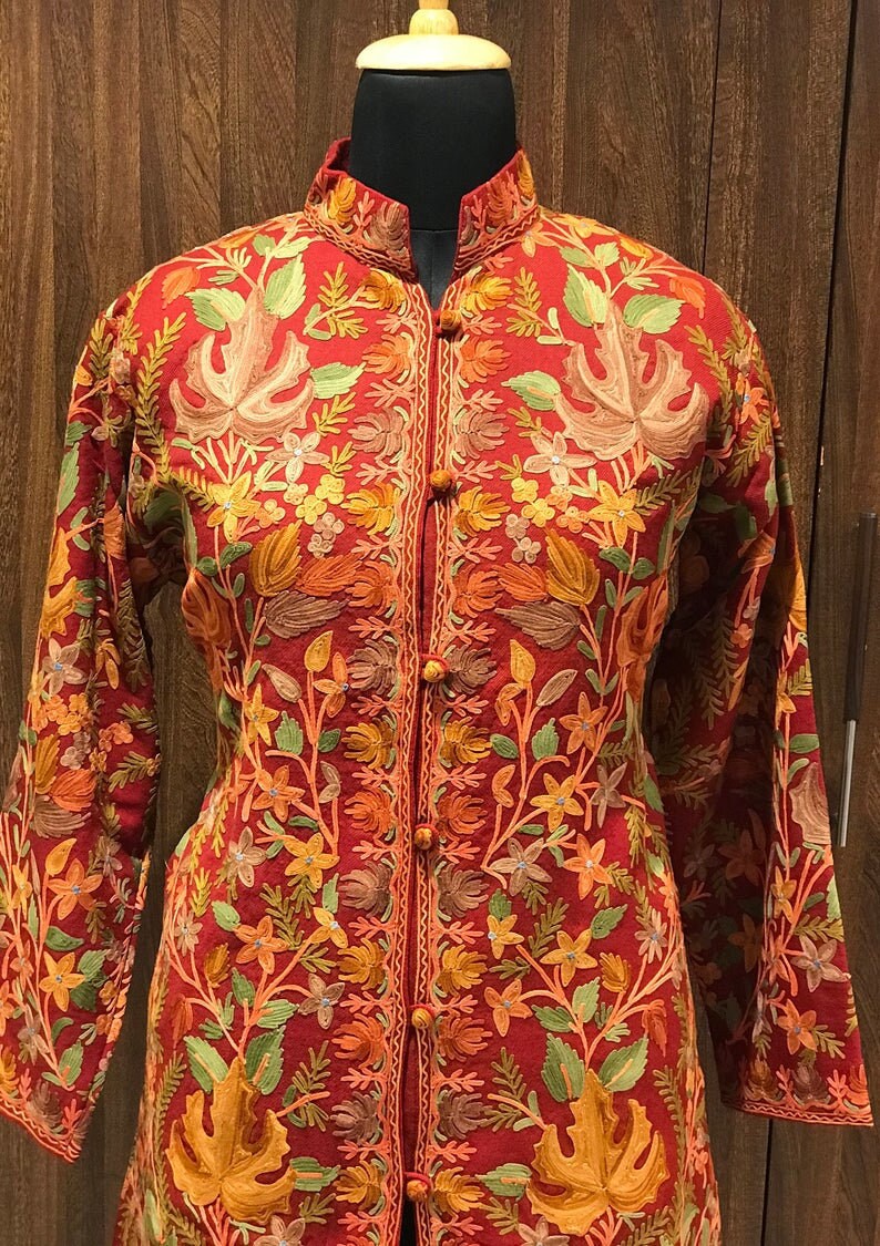Maroon Kashmiri Jacket With Chinar Jaal Embroidery Maroon Kashmiri Jacket With Chinar Jaal Embroidery