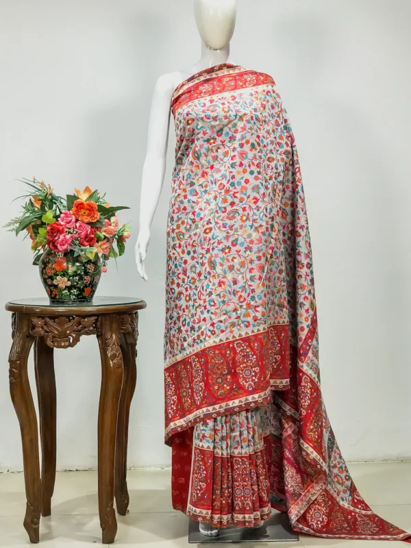 White Modal Silk Kani Saree with Red Border