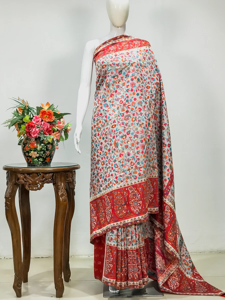 White Modal Silk Kani Saree with Red Border
