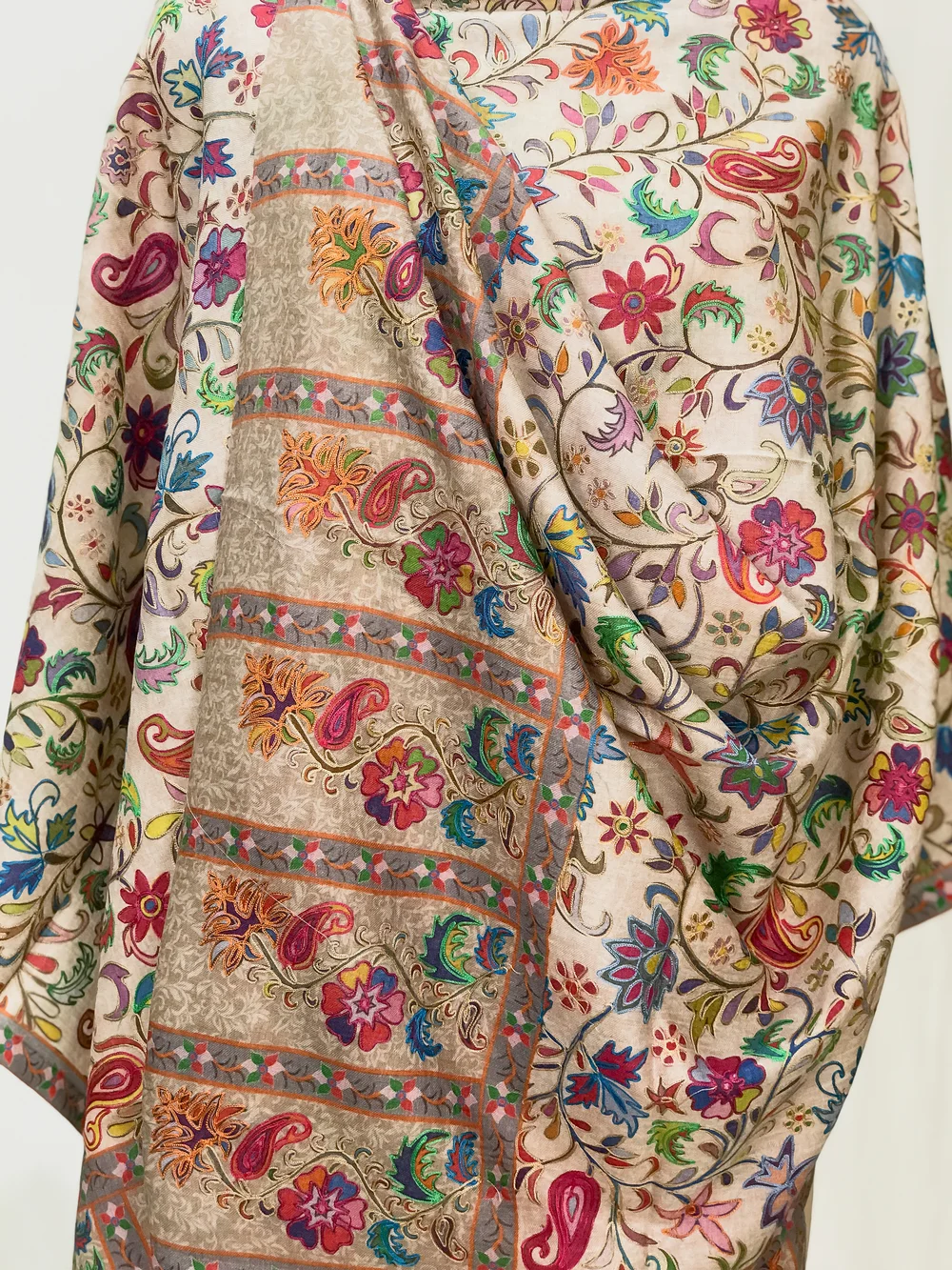 Beige Fine Wool Floral Kalamkari Scarf front Beige Fine Wool Floral Kalamkari Scarf front