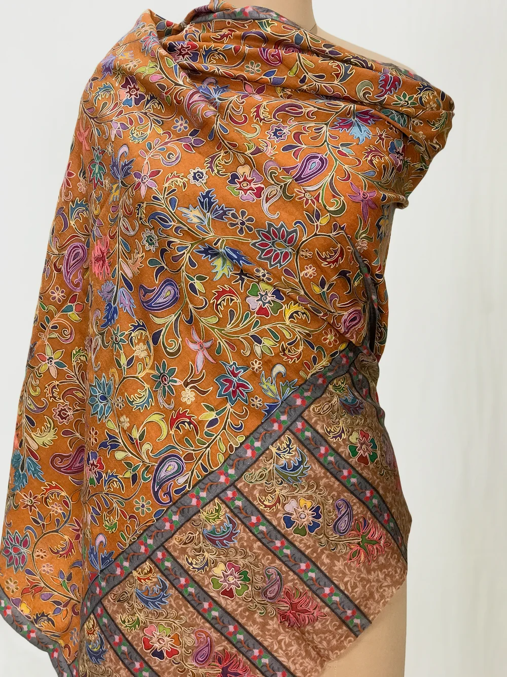 Mustard Fine Wool Floral Kalamkari Stole front Mustard Fine Wool Floral Kalamkari Stole front