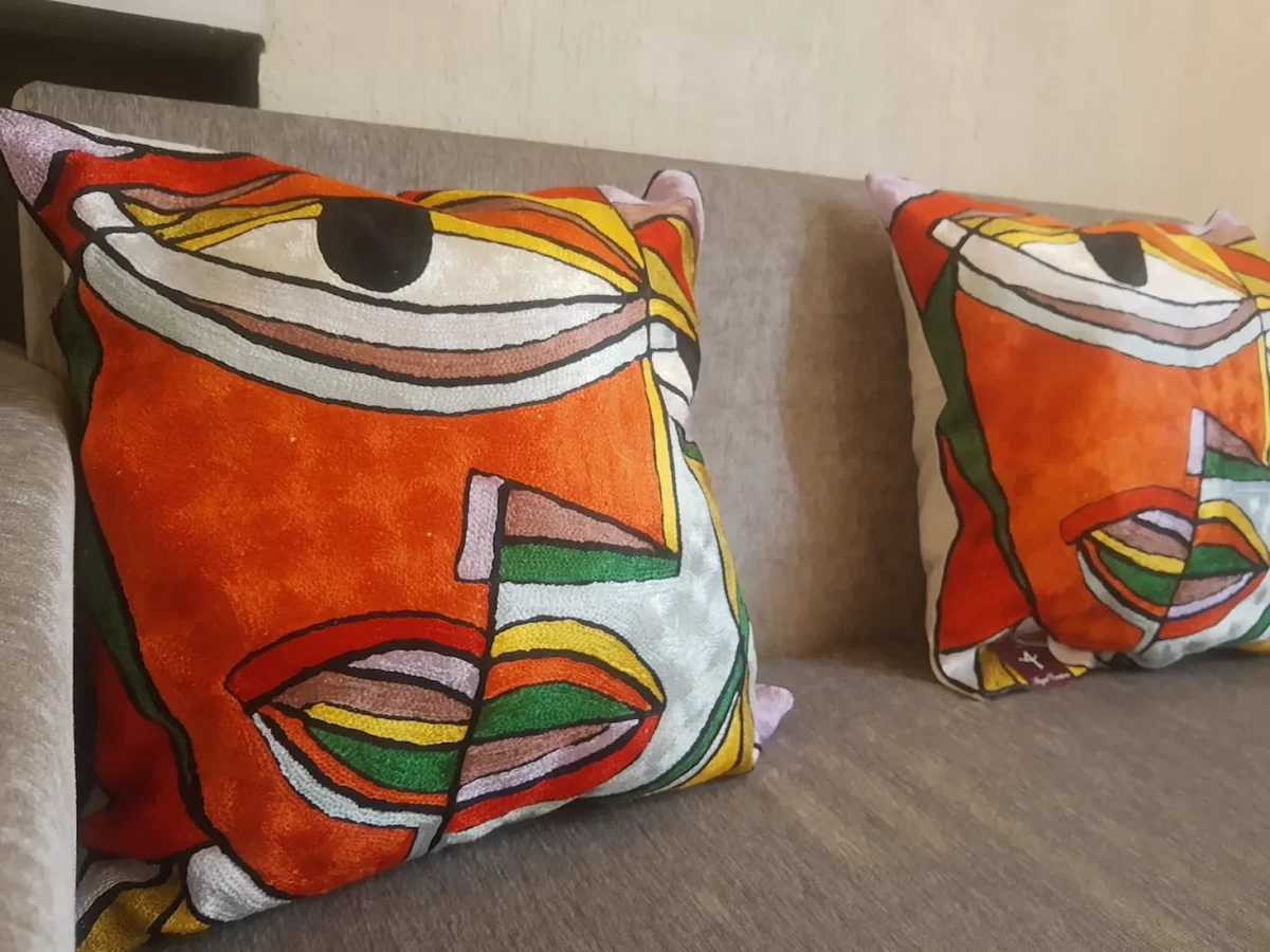 Hand Chain Stitch Abstract Face Cushion Covers close up