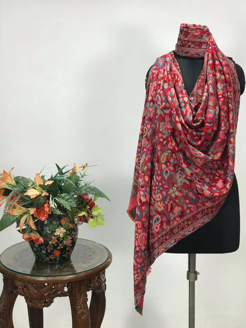 Red Fine Wool Kani Stole Red Fine Wool Kani Stole