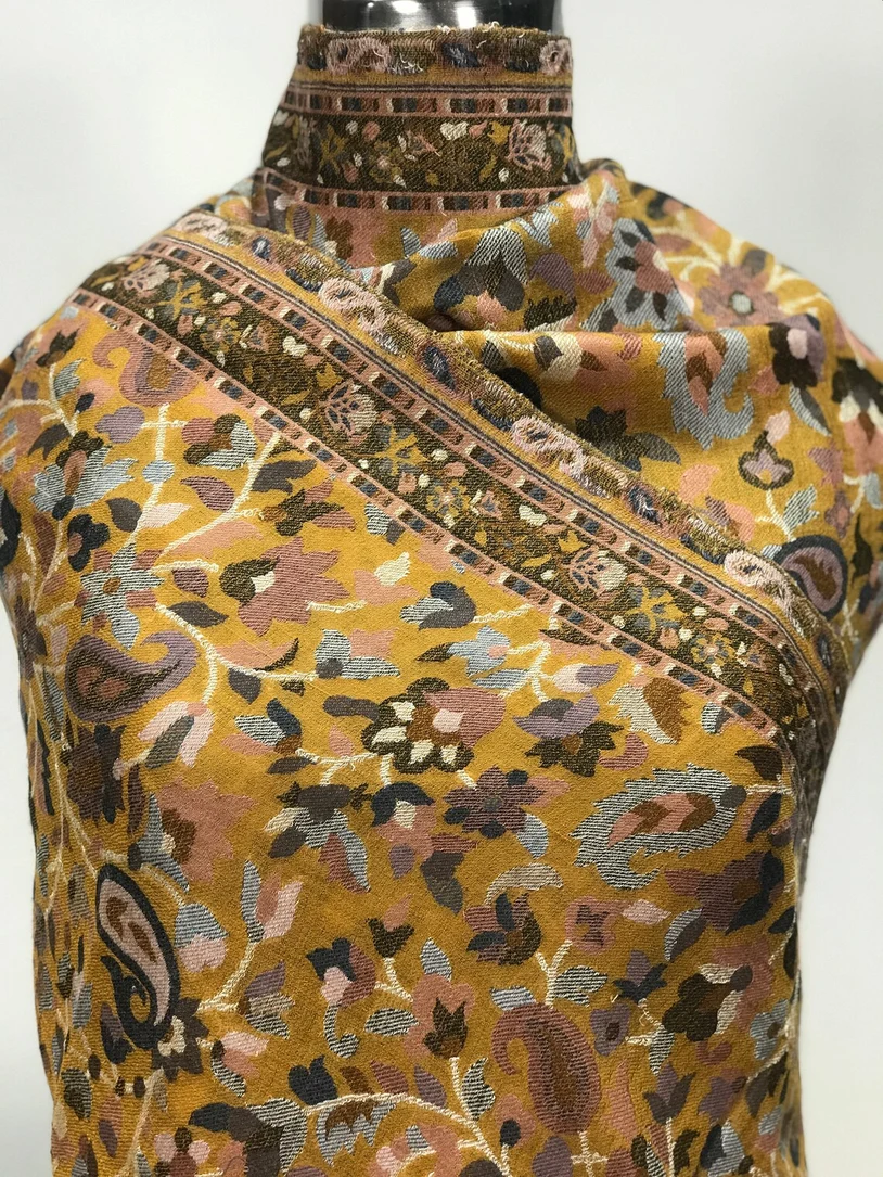 Mustard Fine Wool Kani Stole Close up