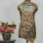 Yellow Fine Wool Floral Kalamkari Scarf close up