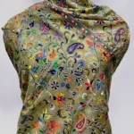 Olive Green Wool Floral Kalamkari Scarf close up